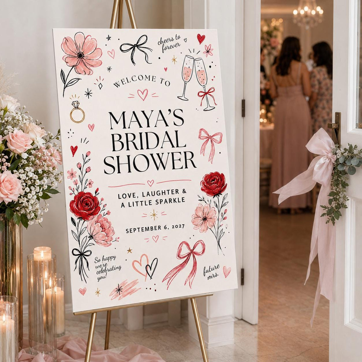 Pink and Red Bridal Shower Welcome Sign — print-ready bridal shower design from VoltBy