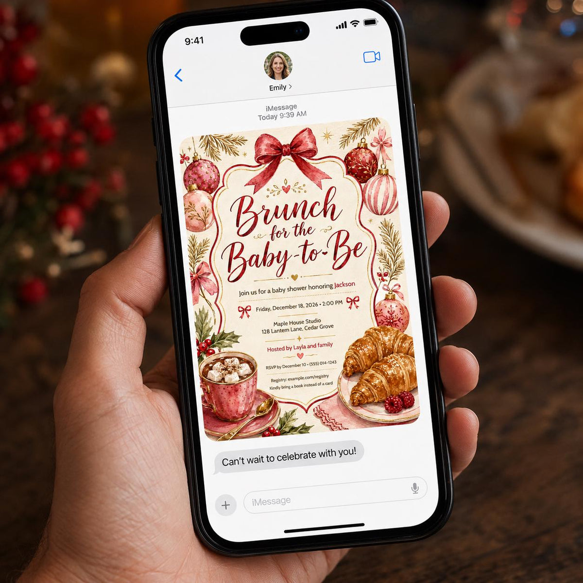Pink and Red Christmas Baby Shower Brunch Invitation — invitation you personalize in Canva