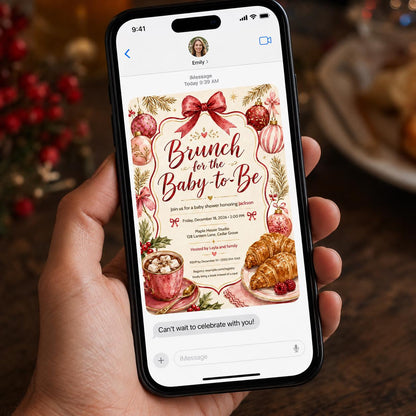 Pink and Red Christmas Baby Shower Brunch Invitation — invitation you personalize in Canva