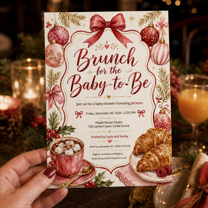 Pink and Red Christmas Baby Shower Brunch Invitation — print-ready baby shower design from VoltBy