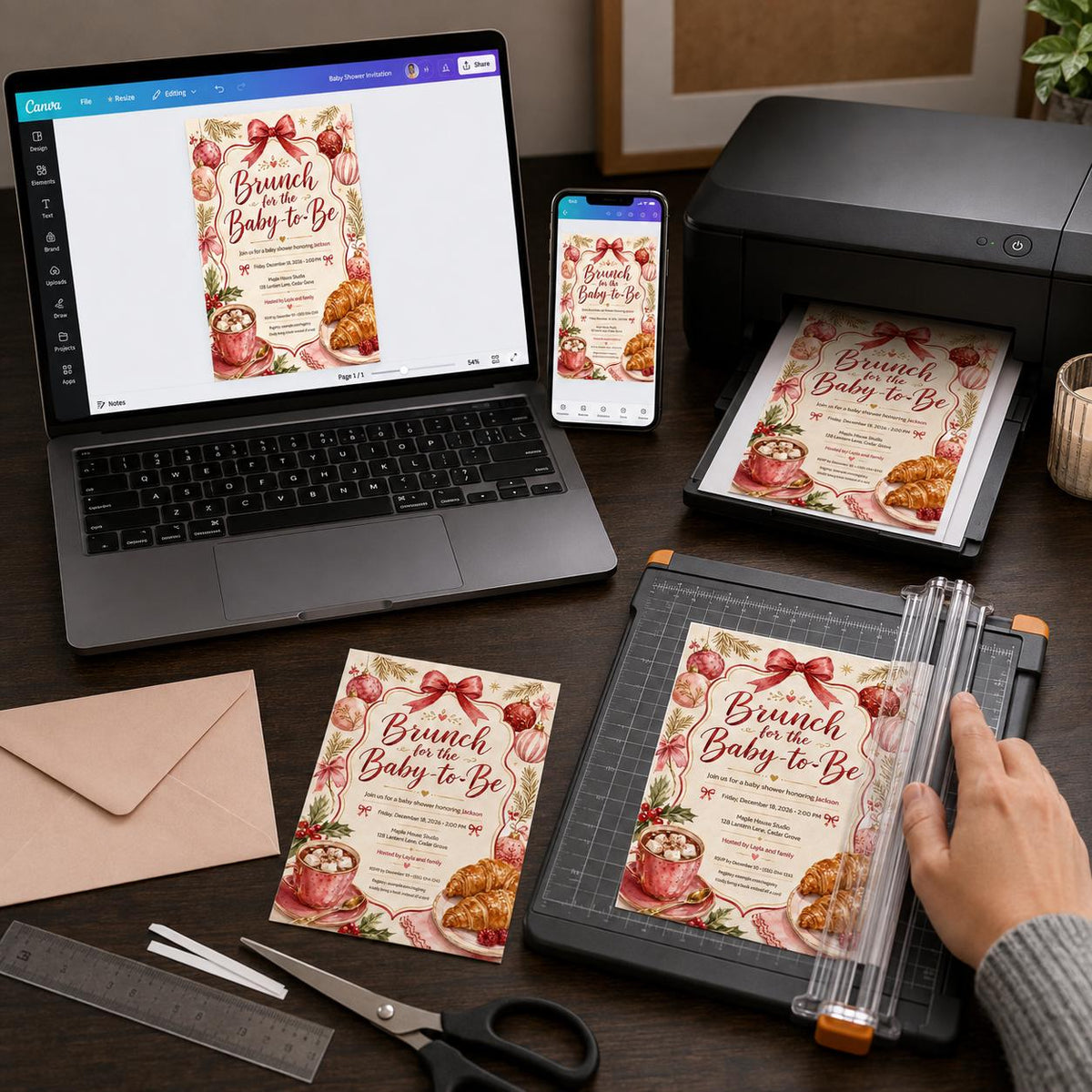 Pink and Red Christmas Baby Shower Brunch Invitation — digital invitation, instant download