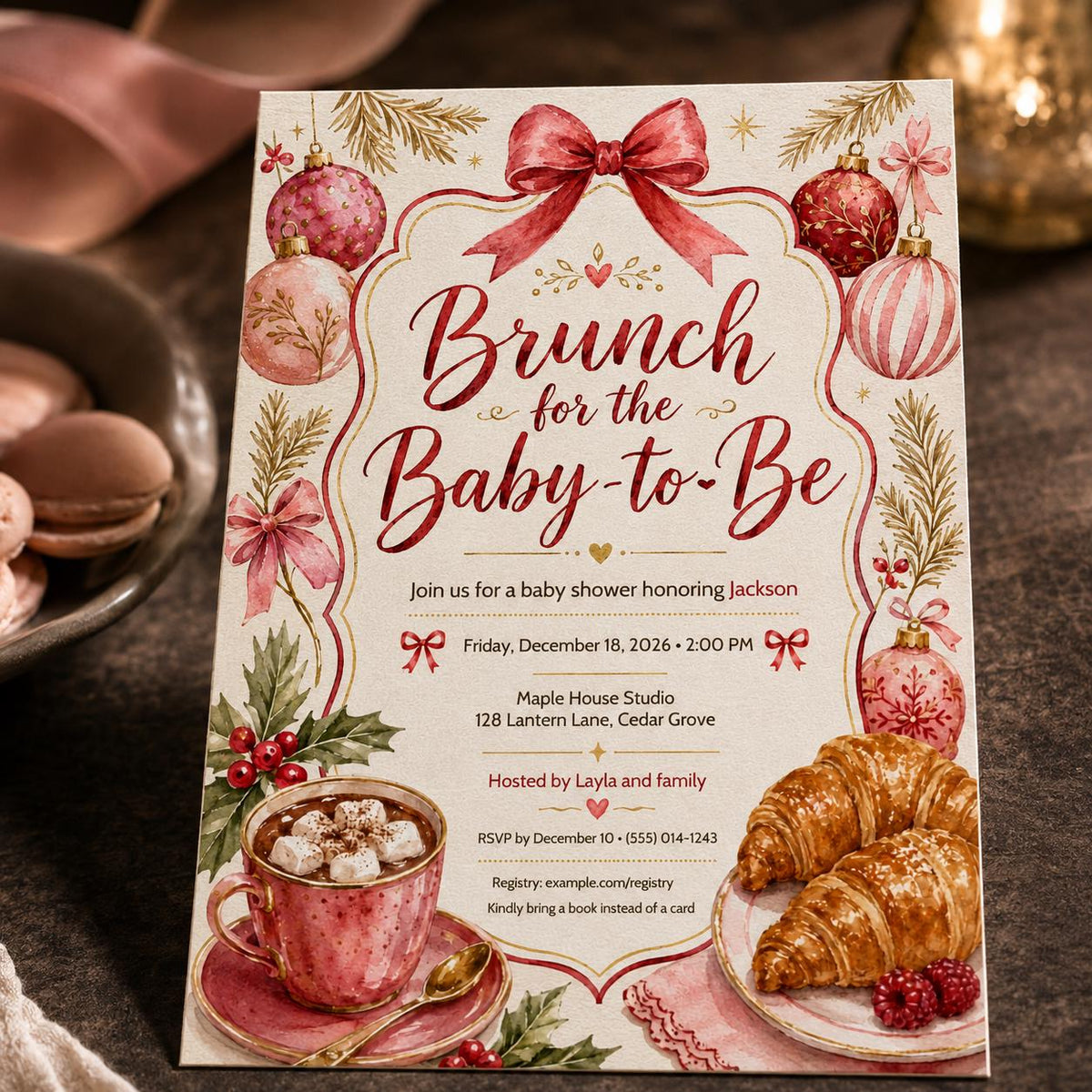 Pink and Red Christmas Baby Shower Brunch Invitation — baby shower stationery by VoltBy