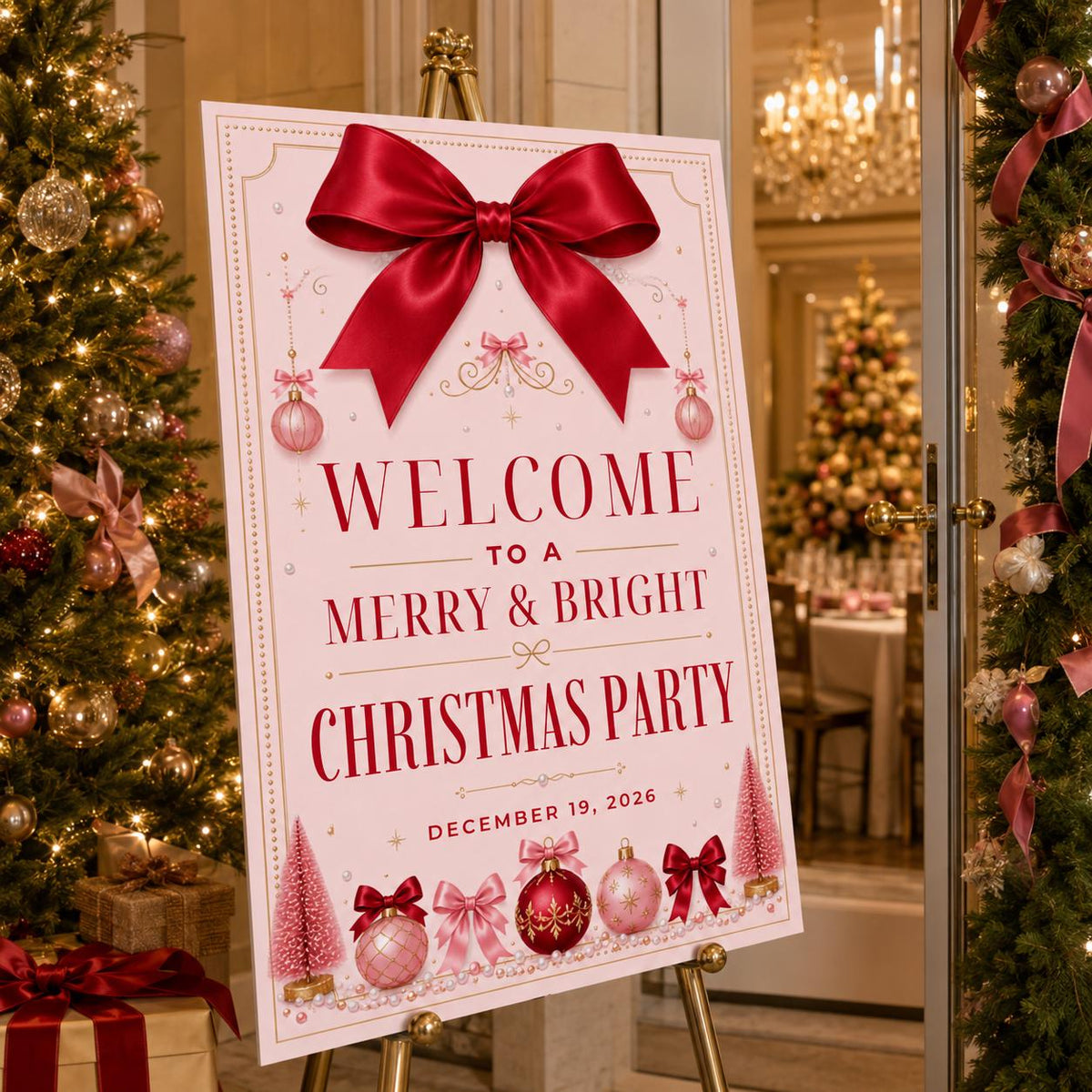 Pink and Red Christmas Party Welcome Sign — bow design