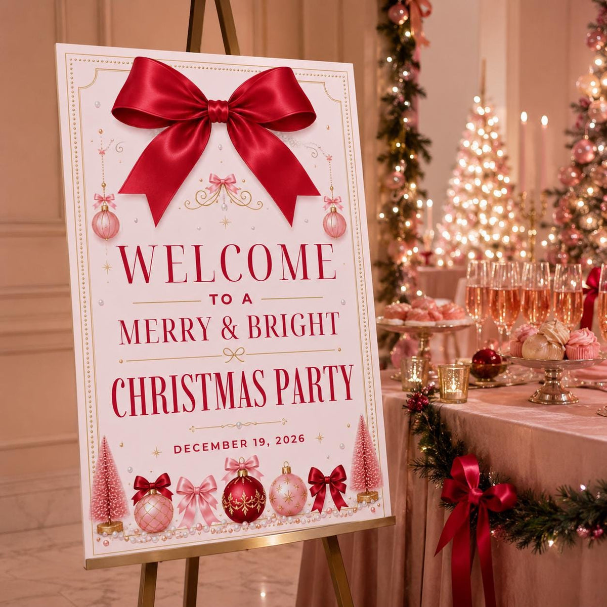Pink and Red Christmas Party Welcome Sign — coquette Christmas celebration design