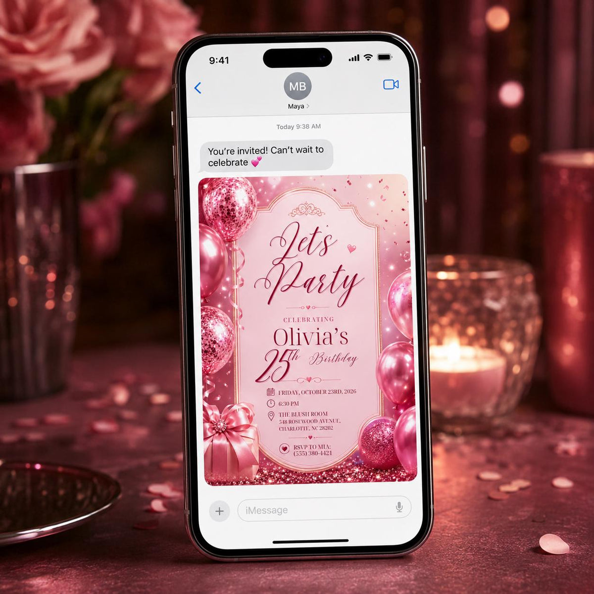 Pink and Rose Gold 25th Birthday Invitation — balloon design