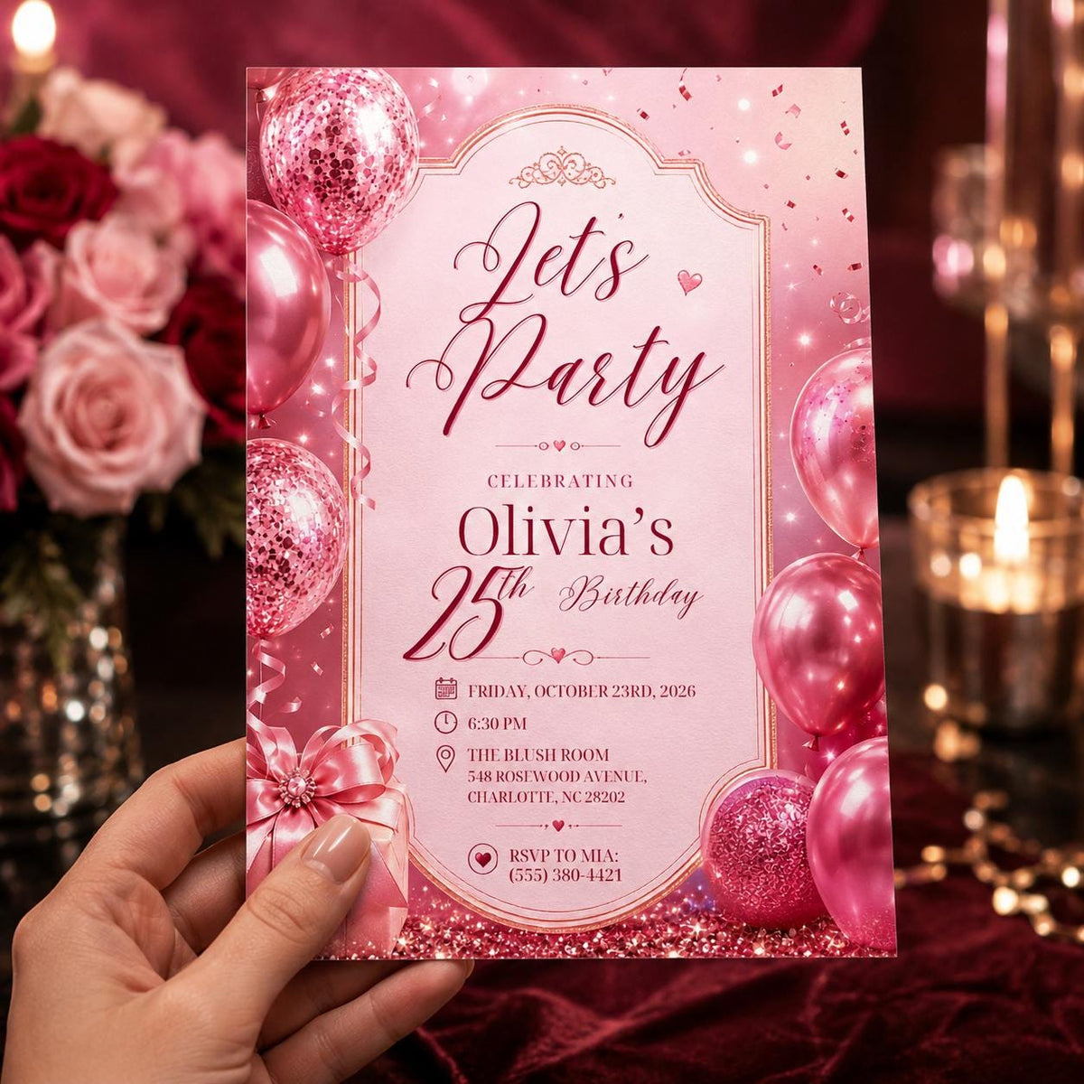 Pink and Rose Gold 25th Birthday Invitation — invitation you personalize in Canva