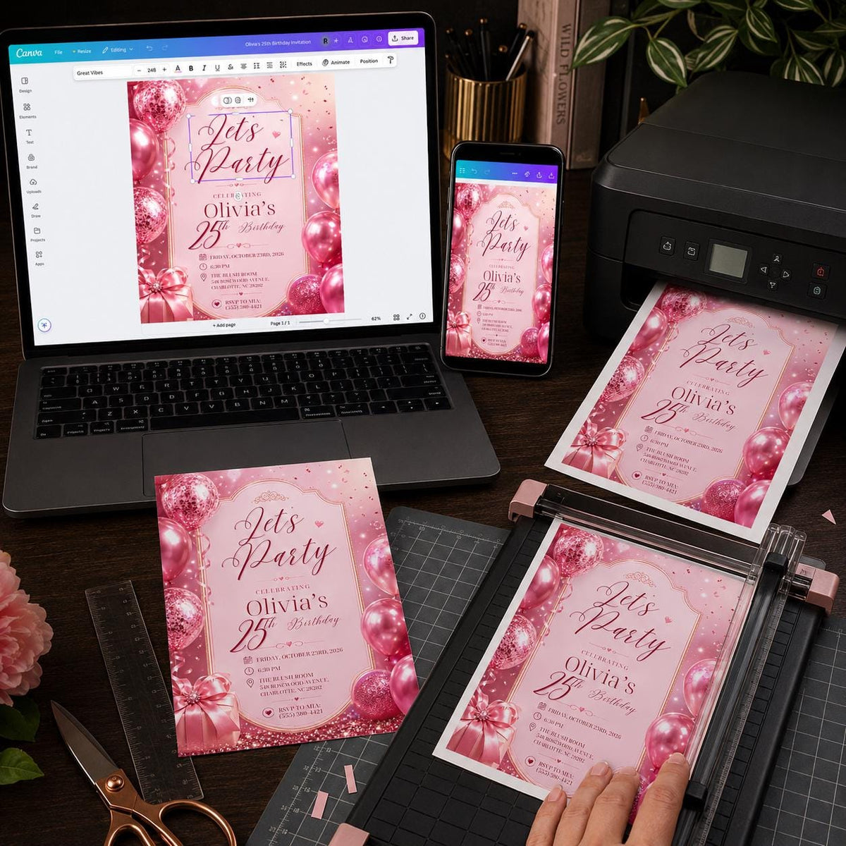 Pink and Rose Gold 25th Birthday Invitation — elegant 25th birthday party design