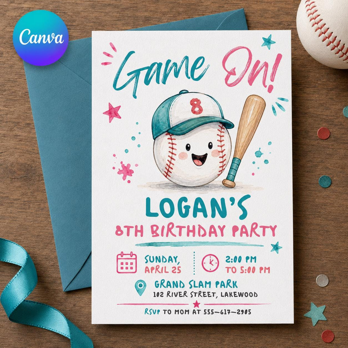 Pink and Teal Baseball 8th Birthday Invitation — editable Canva template
