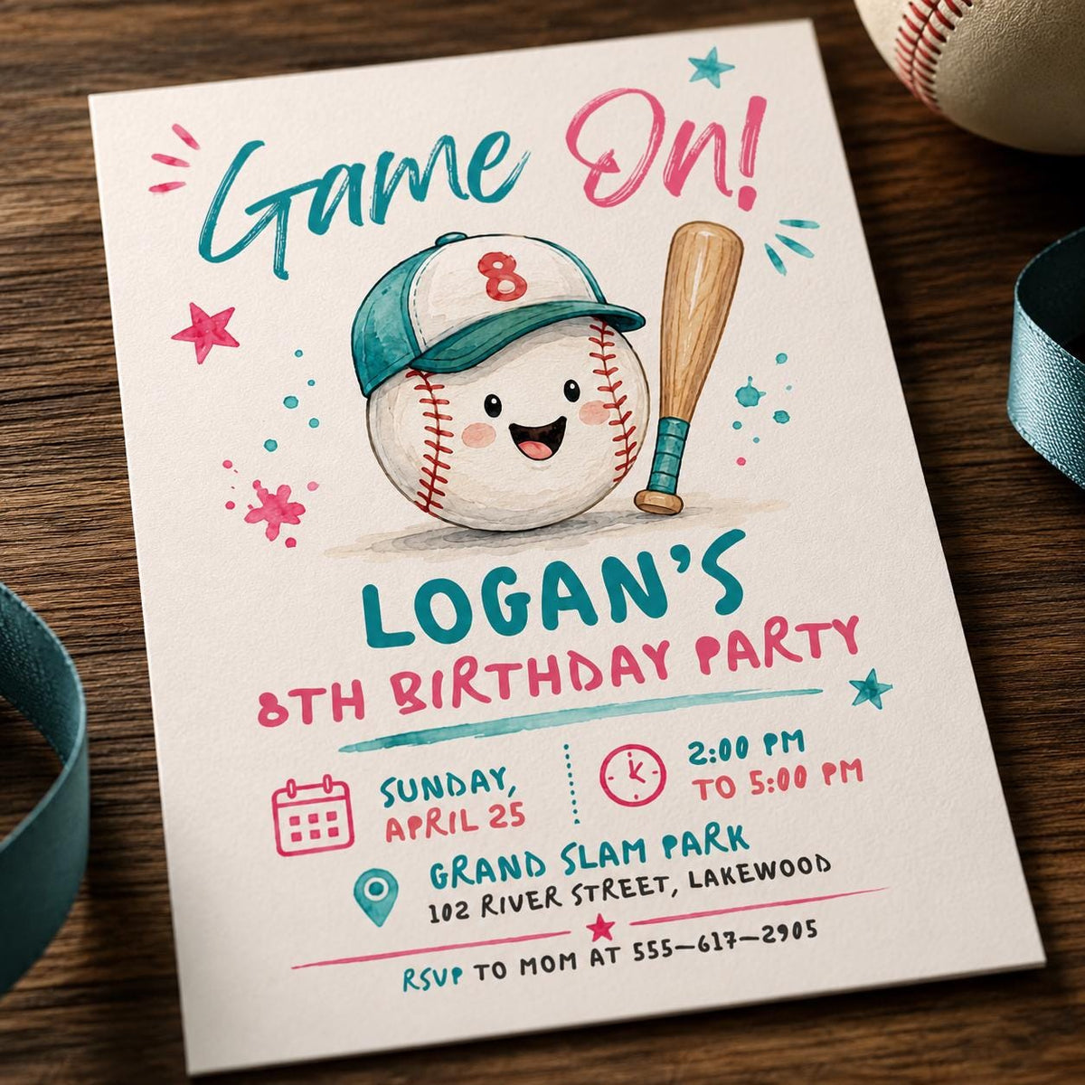 Pink and Teal Baseball 8th Birthday Invitation — invitation you personalize in Canva