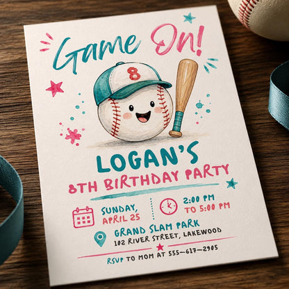Pink and Teal Baseball 8th Birthday Invitation — invitation you personalize in Canva
