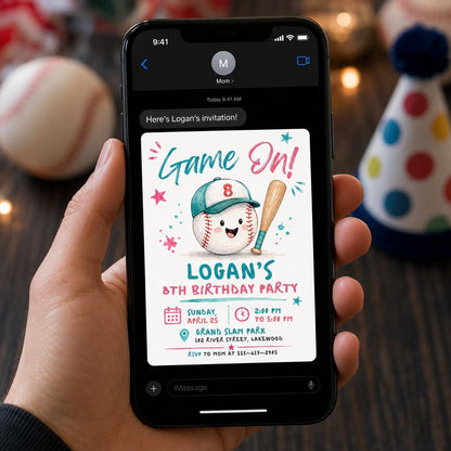 Pink and Teal Baseball 8th Birthday Invitation — watercolor 8th birthday party design