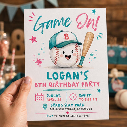 Pink and Teal Baseball 8th Birthday Invitation — print-ready 8th birthday party design from VoltBy