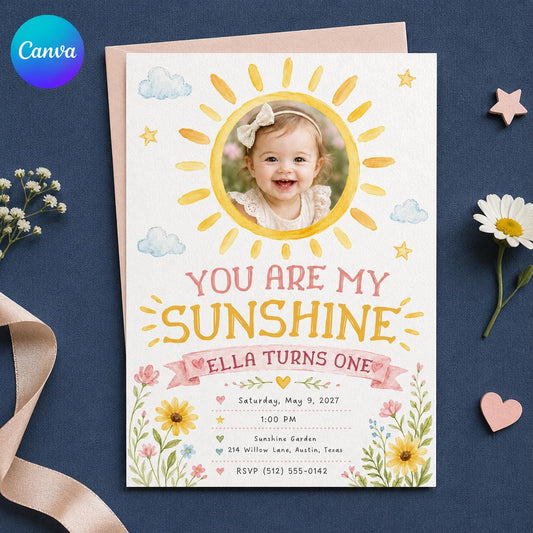 Pink and Yellow You Are My Sunshine First Birthday Invitation for — editable Canva template