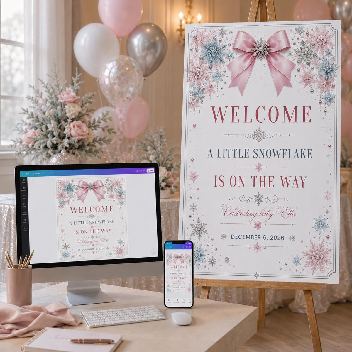 Pink Baby Shower Welcome Sign — bow and snowflake design