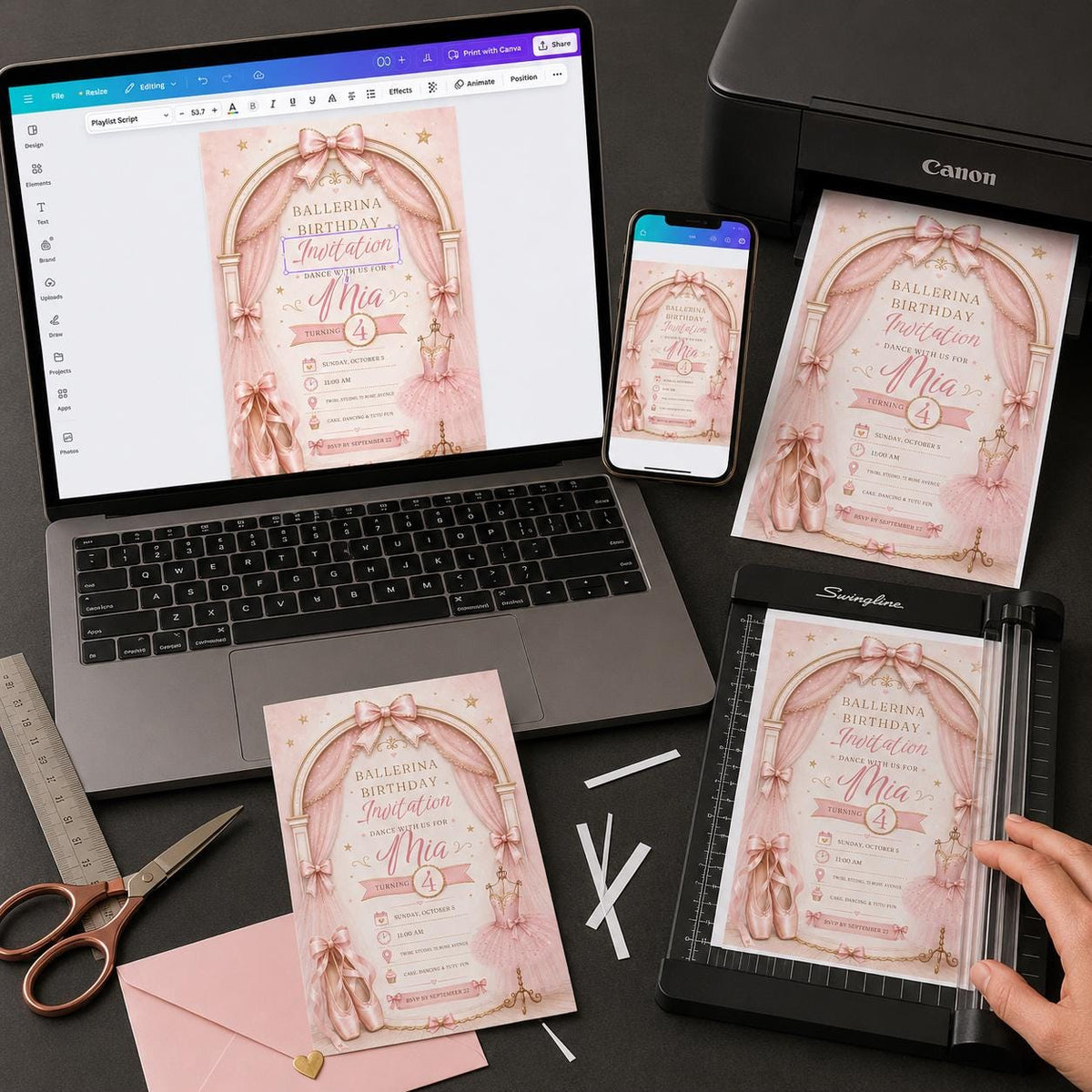 Pink Ballerina 4th Birthday Invitation for Girls — invitation you personalize in Canva