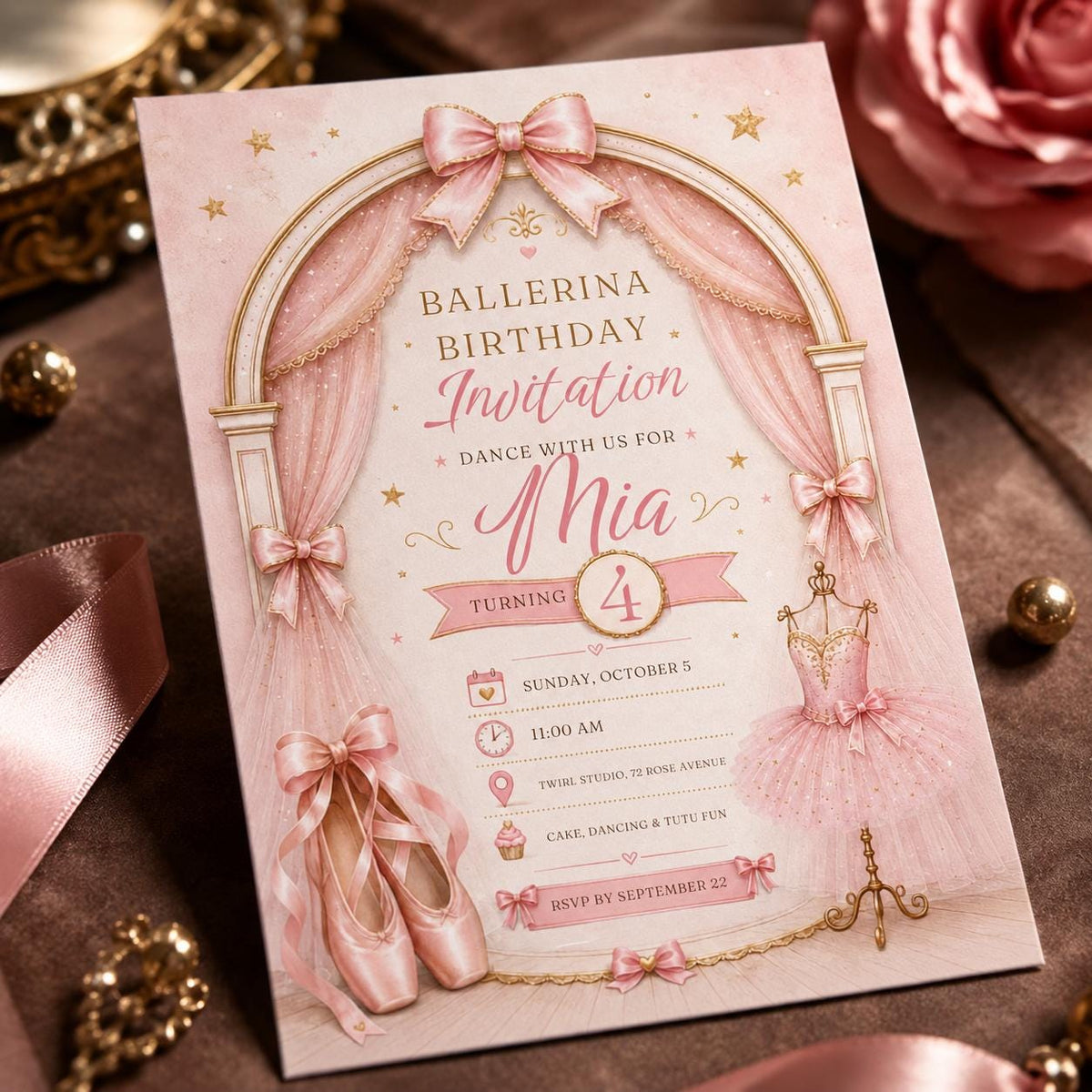 Pink Ballerina 4th Birthday Invitation for Girls — print-ready 4th birthday party design from VoltBy