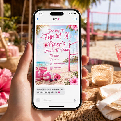 Pink Beach Volleyball 5th Birthday Invitation for Girls — tropical design