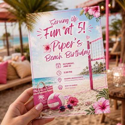 Pink Beach Volleyball 5th Birthday Invitation for Girls — invitation you personalize in Canva