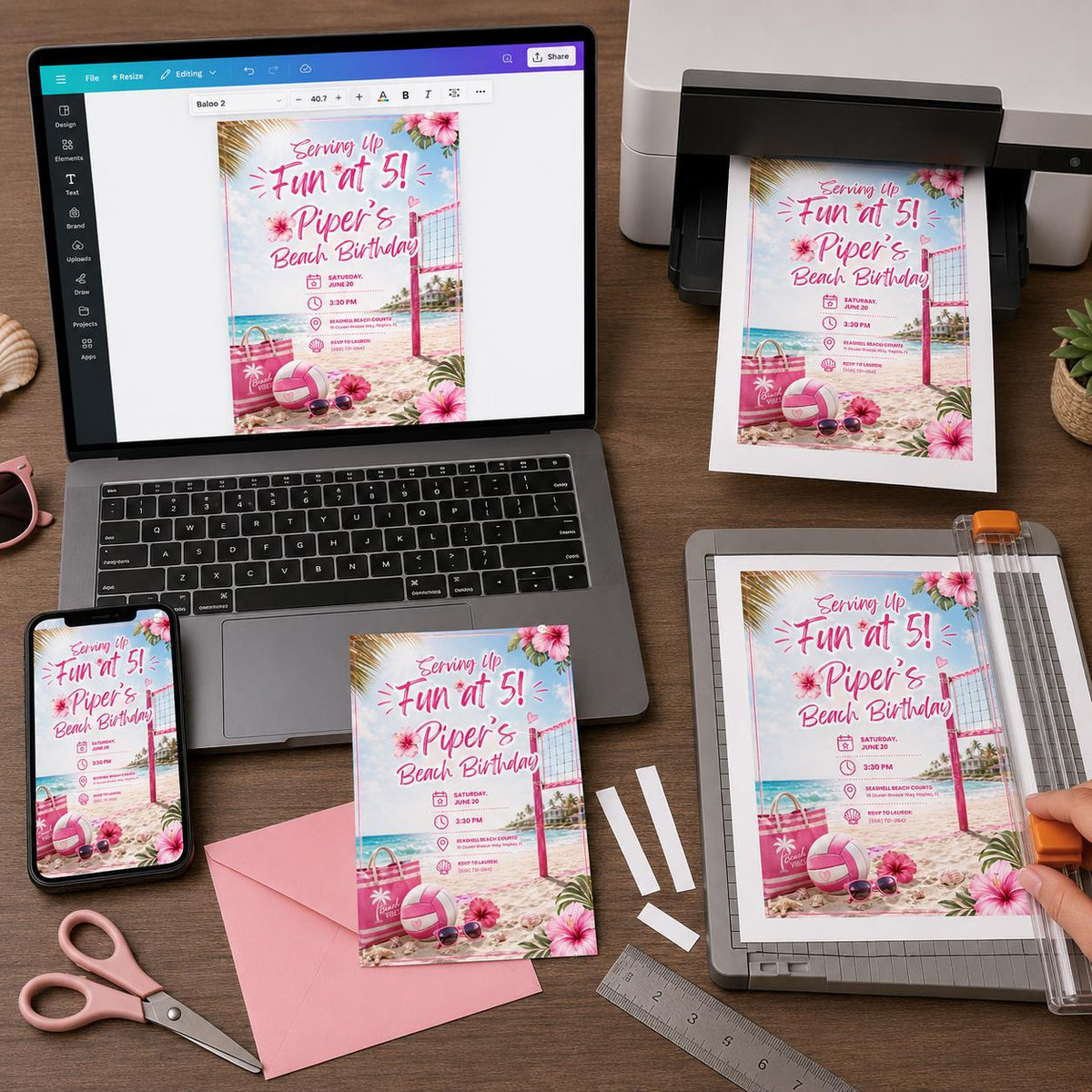 Pink Beach Volleyball 5th Birthday Invitation for Girls — print-ready 5th birthday party design from VoltBy