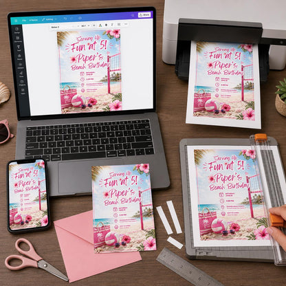 Pink Beach Volleyball 5th Birthday Invitation for Girls — print-ready 5th birthday party design from VoltBy