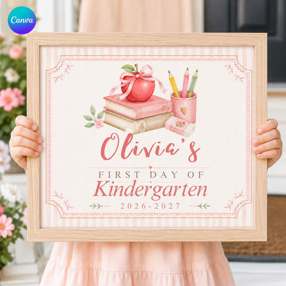 Pink Book Stack First Day of Kindergarten Sign — editable Canva template