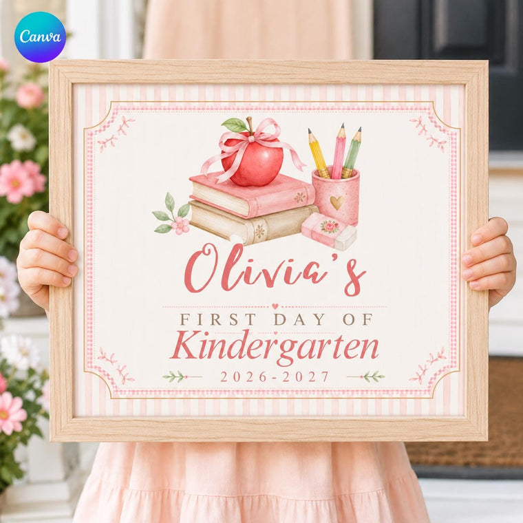 Pink Book Stack First Day of Kindergarten Sign