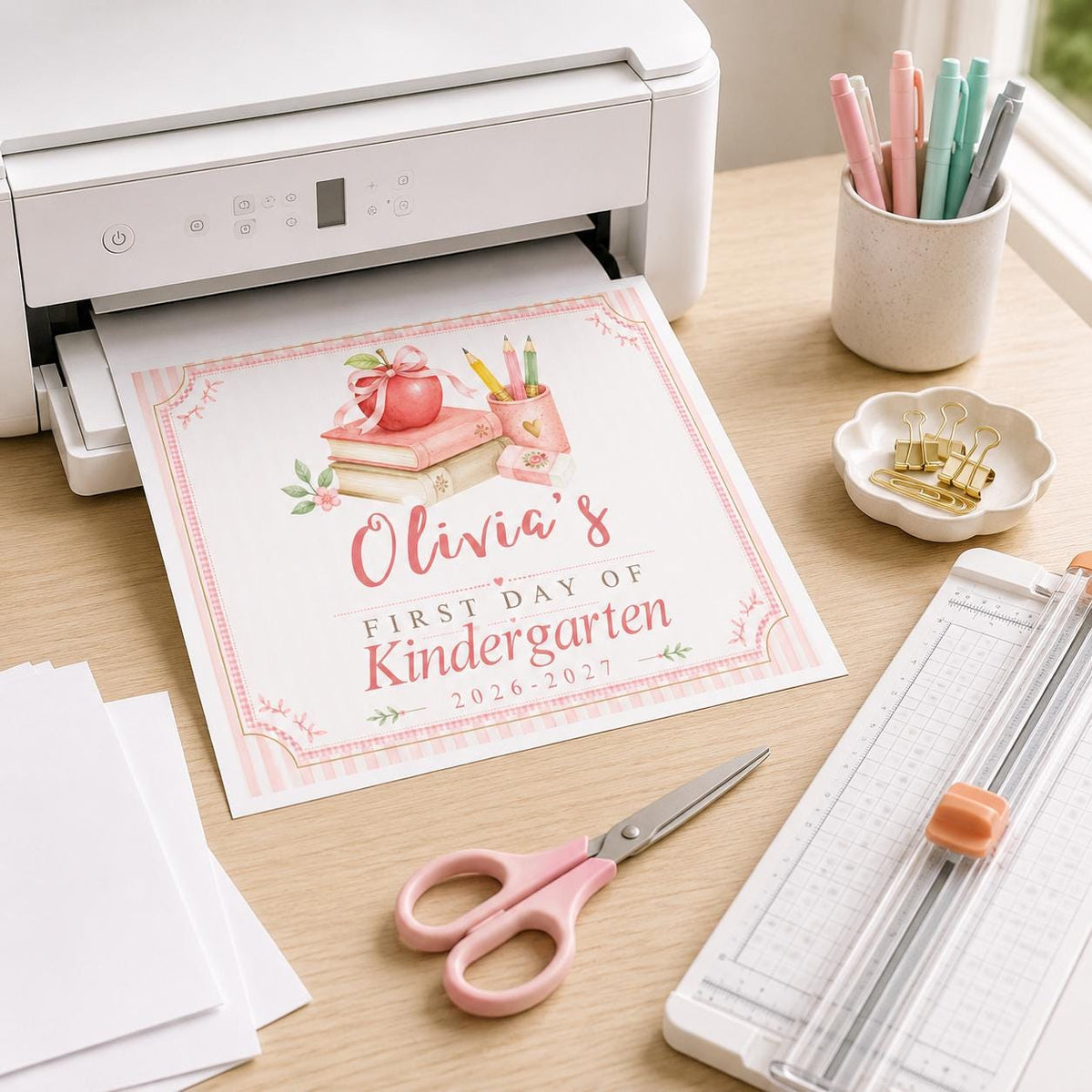 Pink Book Stack First Day of Kindergarten Sign — apple and bow design