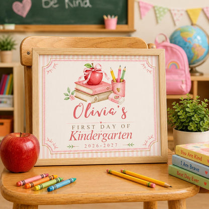 Pink Book Stack First Day of Kindergarten Sign — school sign you personalize in Canva