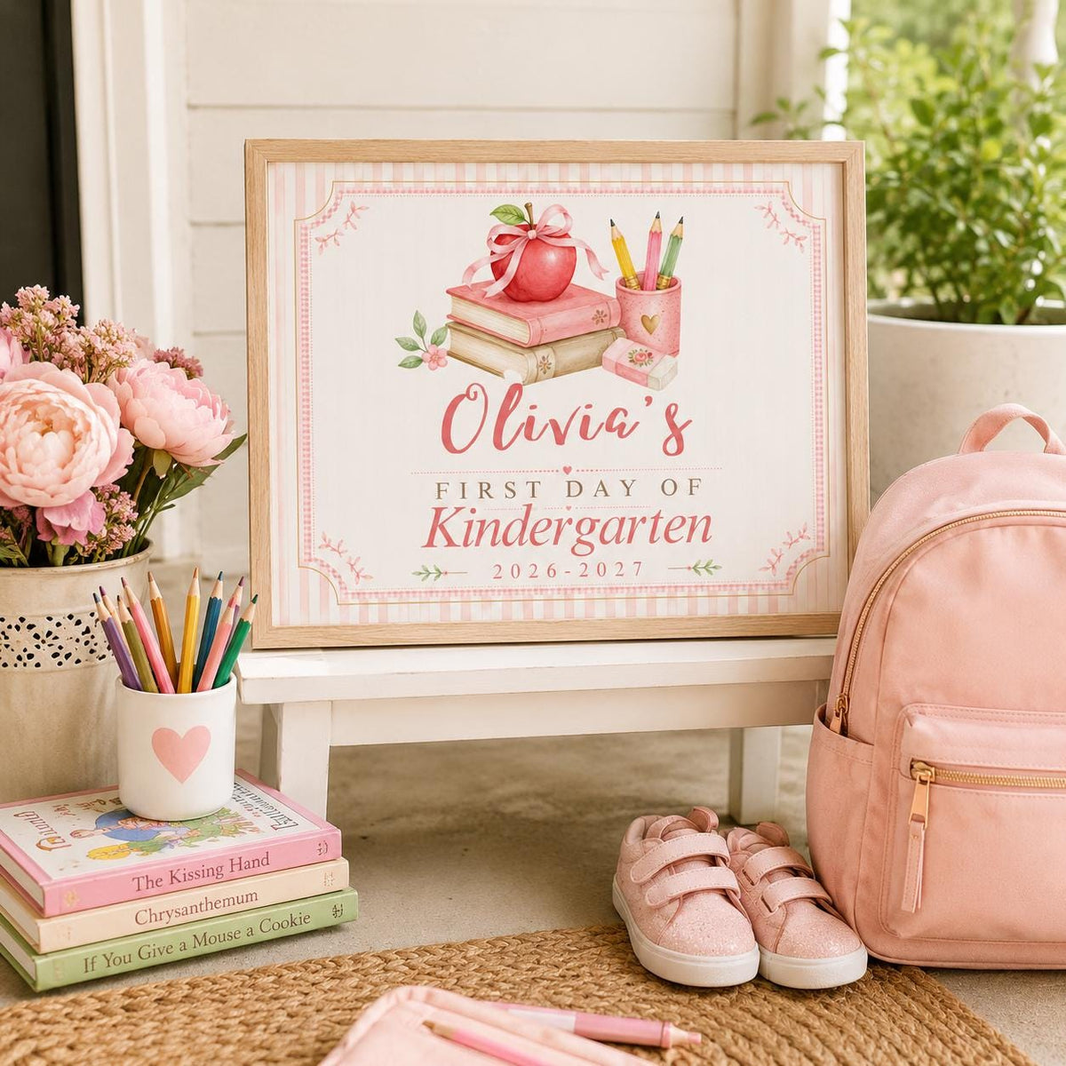 Pink Book Stack First Day of Kindergarten Sign — apple and bow artwork in cream and green