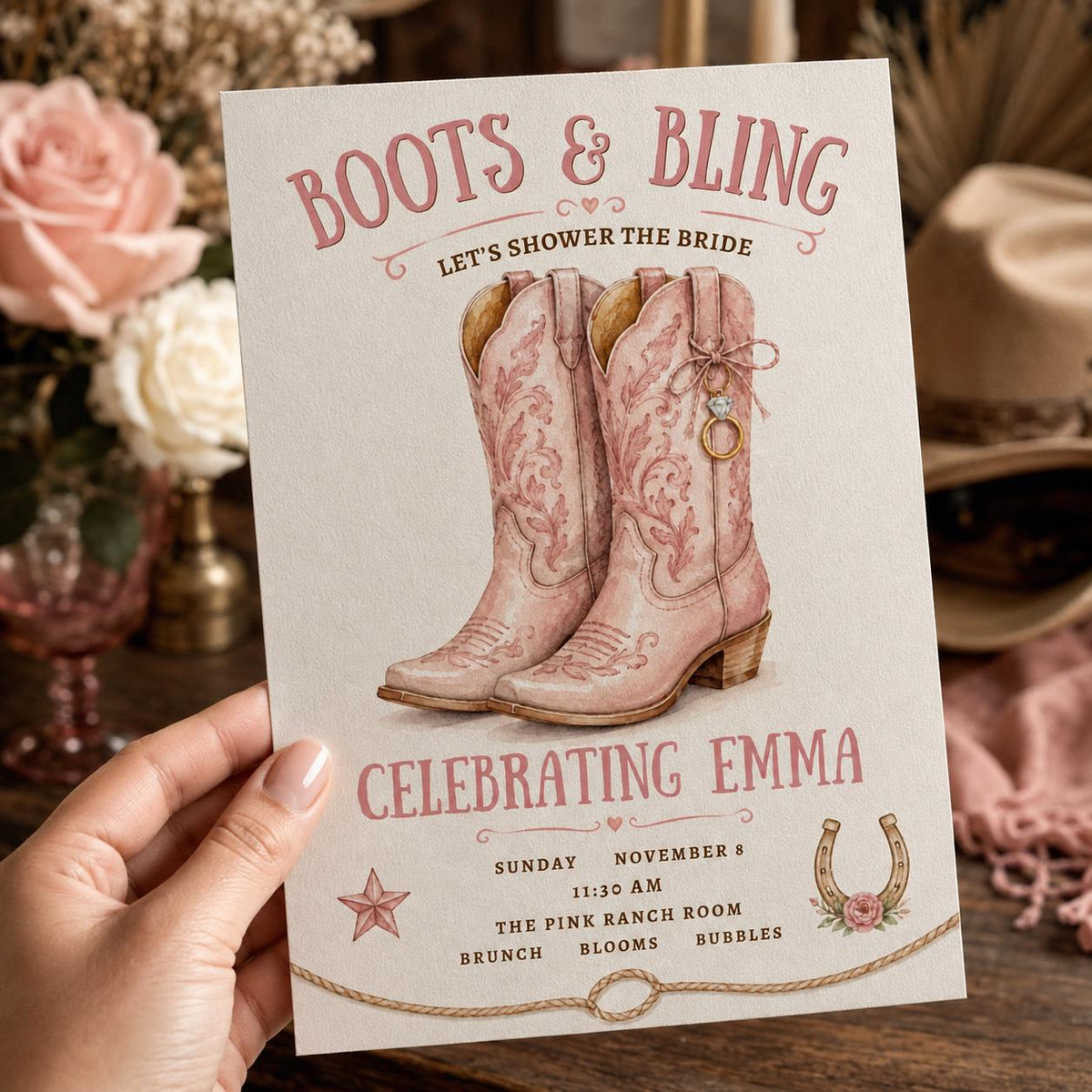 Pink Boots and Bling Bridal Shower Invitation — invitation you personalize in Canva