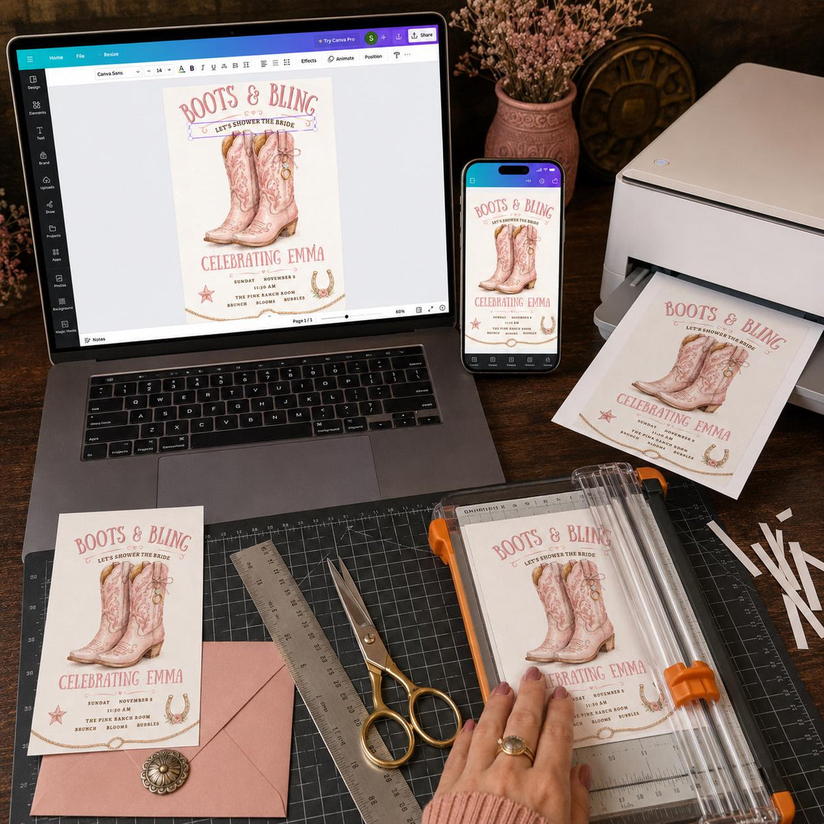 Pink Boots and Bling Bridal Shower Invitation — print-ready bridal shower design from VoltBy