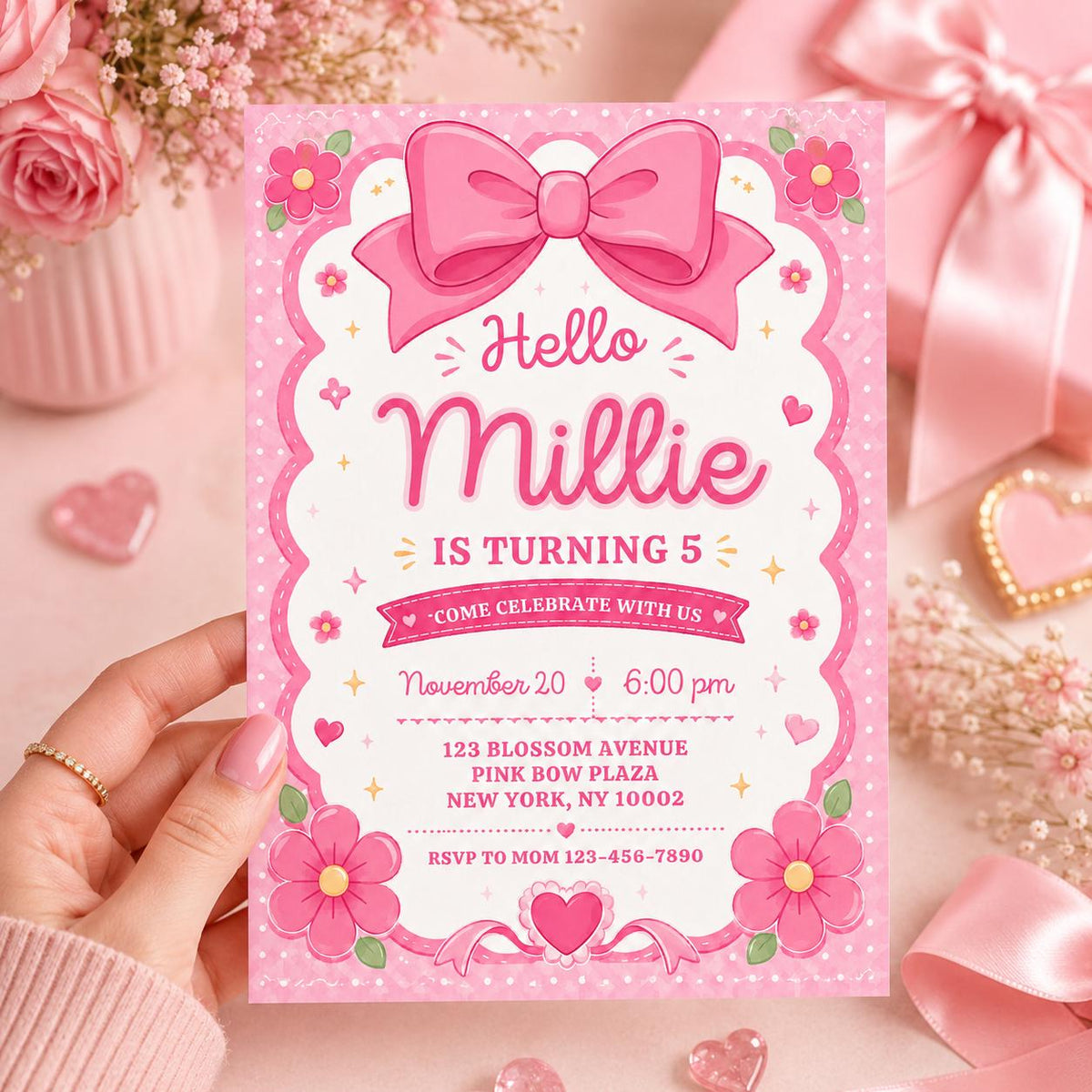 Pink Bow and Daisy 5th Birthday Invitation — print-ready 5th birthday party design from VoltBy