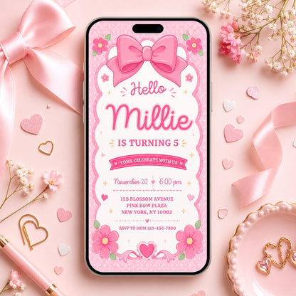 Pink Bow and Daisy 5th Birthday Invitation — digital invitation, instant download