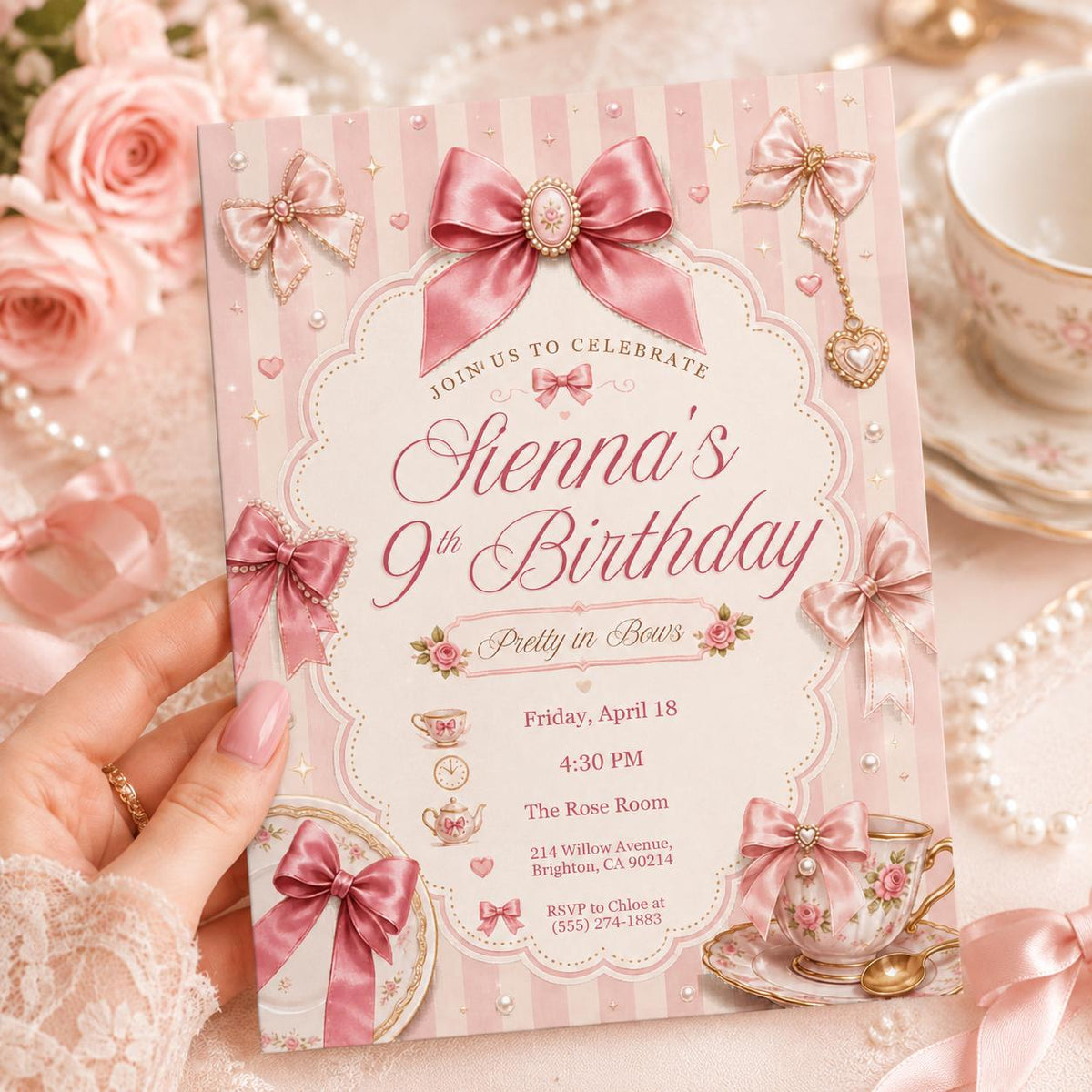 Pink Bow Tea Party 9th Birthday Invitation in cream and gold