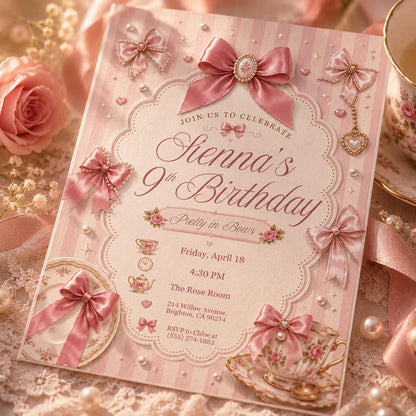 Pink Bow Tea Party 9th Birthday Invitation — invitation you personalize in Canva