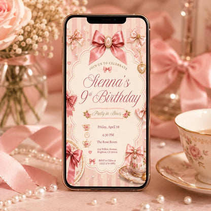 Pink Bow Tea Party 9th Birthday Invitation — floral 9th birthday party design