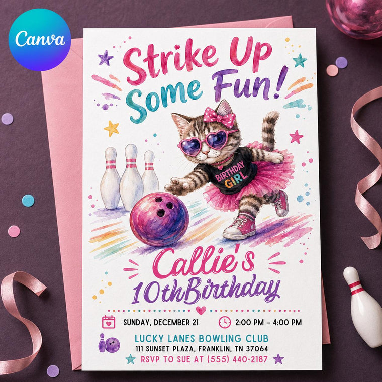 Pink Bowling 10th Birthday Invitation for Girls