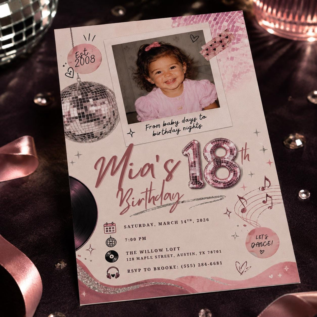 Pink Camera Disco Photo 18th Birthday Invitation in cream