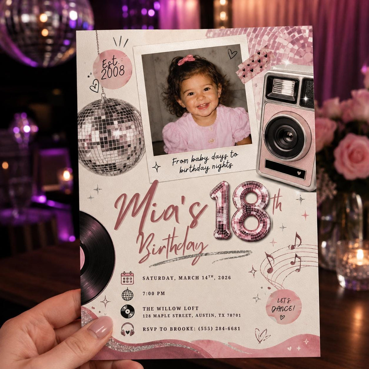Pink Camera Disco Photo 18th Birthday Invitation — invitation you personalize in Canva