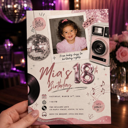 Pink Camera Disco Photo 18th Birthday Invitation — invitation you personalize in Canva