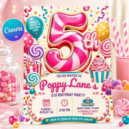Pink Candy 5th Birthday Invitation: Sweet Five 5th Birthday — editable Canva template