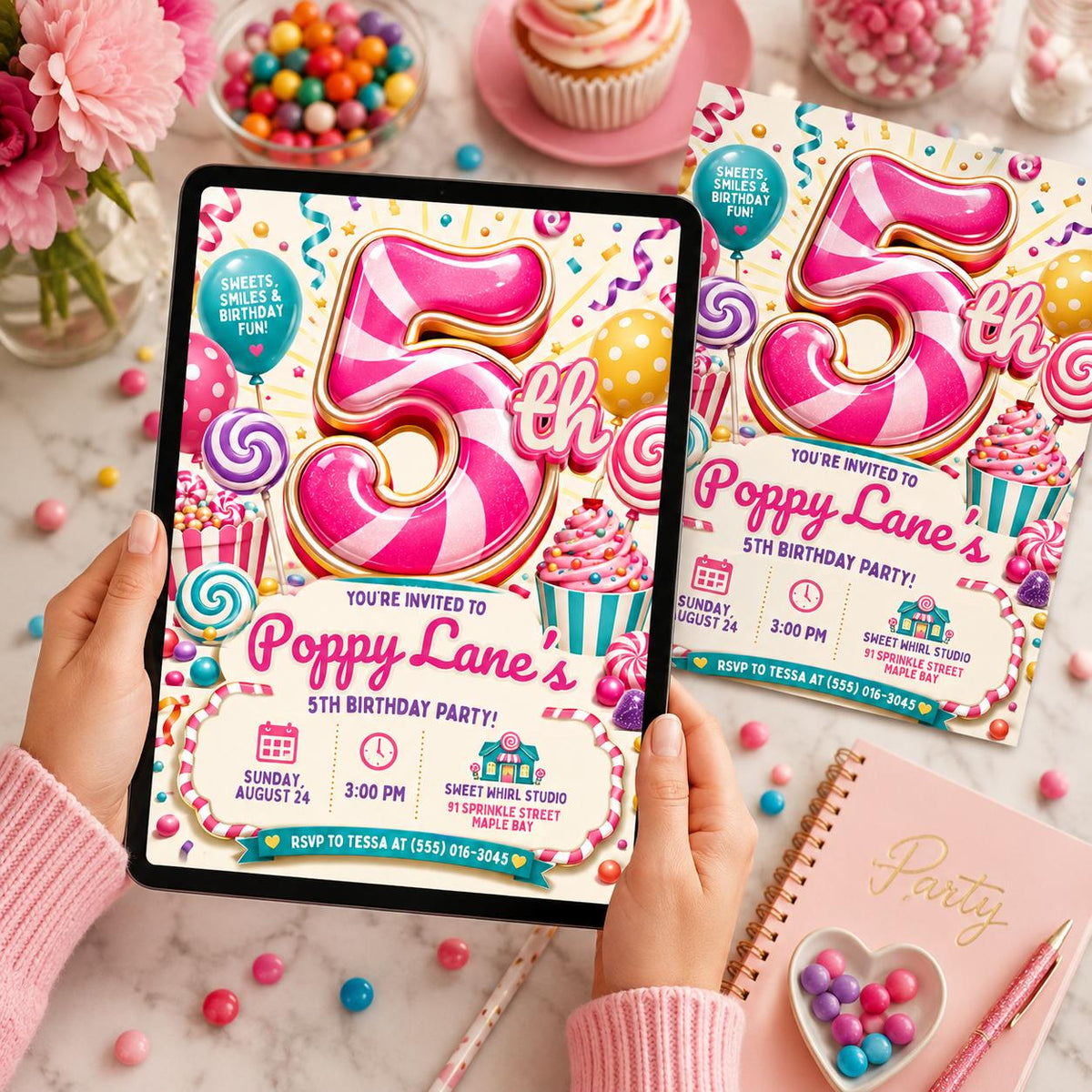 Pink Candy 5th Birthday Invitation: Sweet Five 5th Birthday — invitation you personalize in Canva