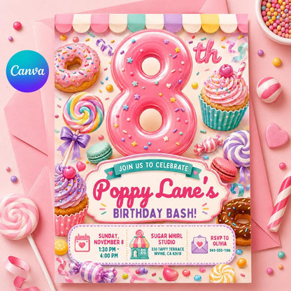 Pink Candy 8th Birthday Invitation: 8th Sweet Shop Girl Party — editable Canva template