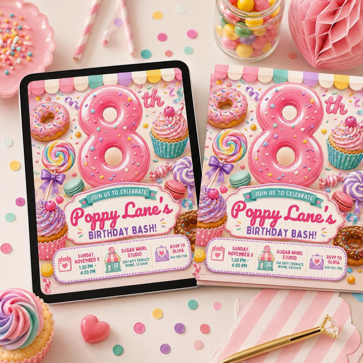Pink Candy 8th Birthday Invitation: 8th Sweet Shop Girl Party — invitation you personalize in Canva