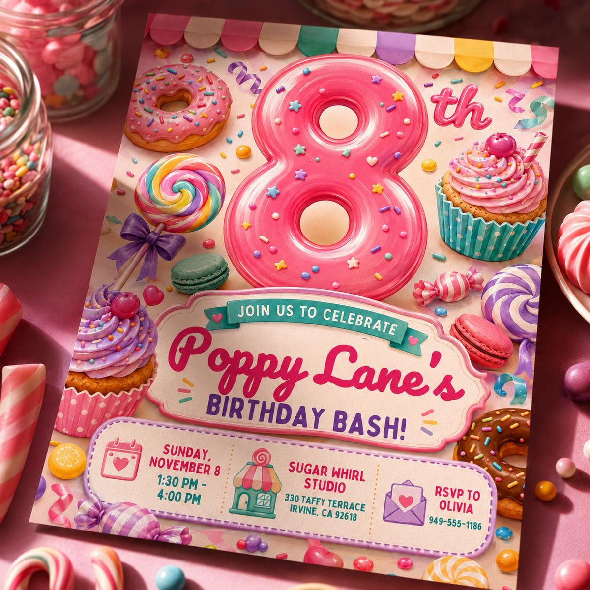 Pink Candy 8th Birthday Invitation: 8th Sweet Shop Girl Party — print-ready 8th birthday party design from VoltBy