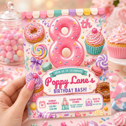 Pink Candy 8th Birthday Invitation: 8th Sweet Shop Girl Party — digital invitation, instant download