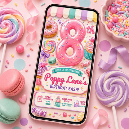 Pink Candy 8th Birthday Invitation: 8th Sweet Shop Girl Party — 8th birthday party stationery by VoltBy