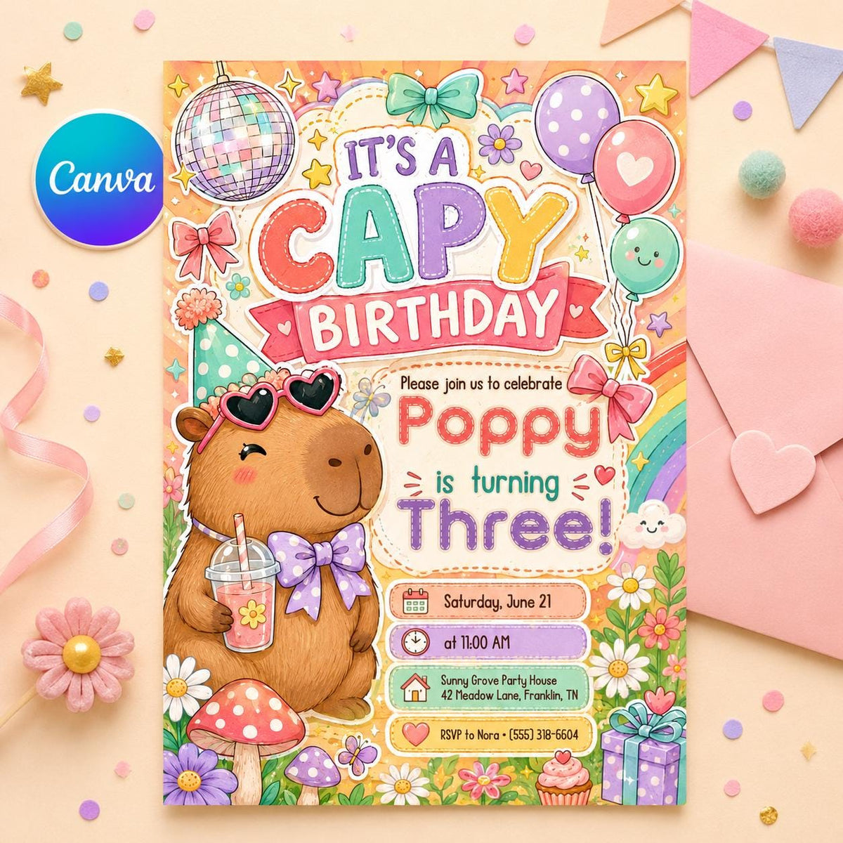 Pink Capybara Birthday Invitation — editable Canva template