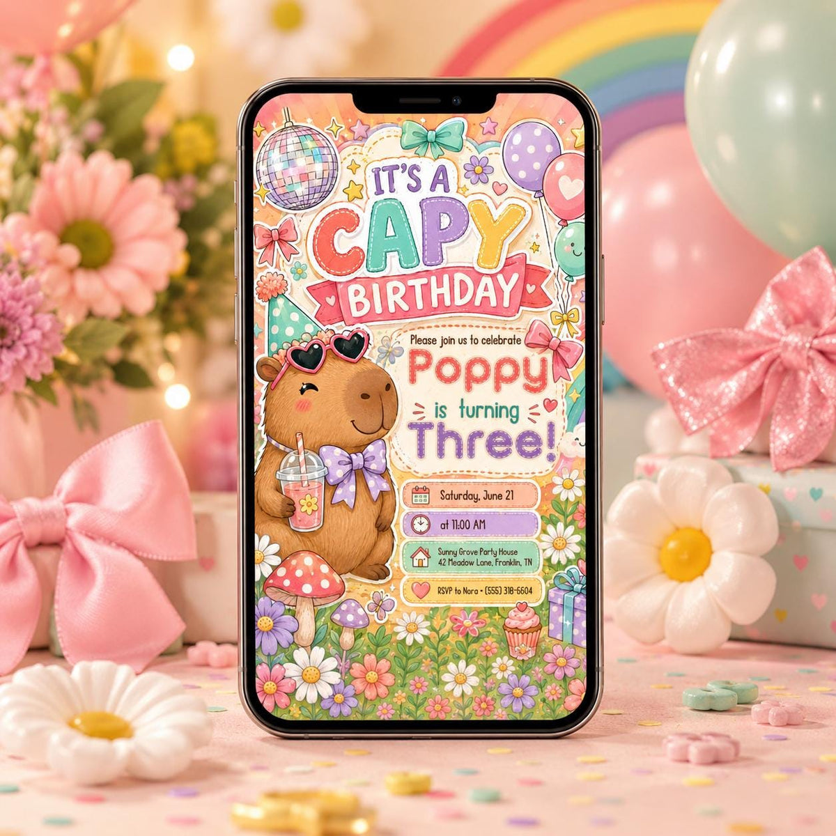 Pink Capybara Birthday Invitation — invitation you personalize in Canva