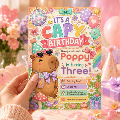 Pink Capybara Birthday Invitation — print-ready birthday party design from VoltBy